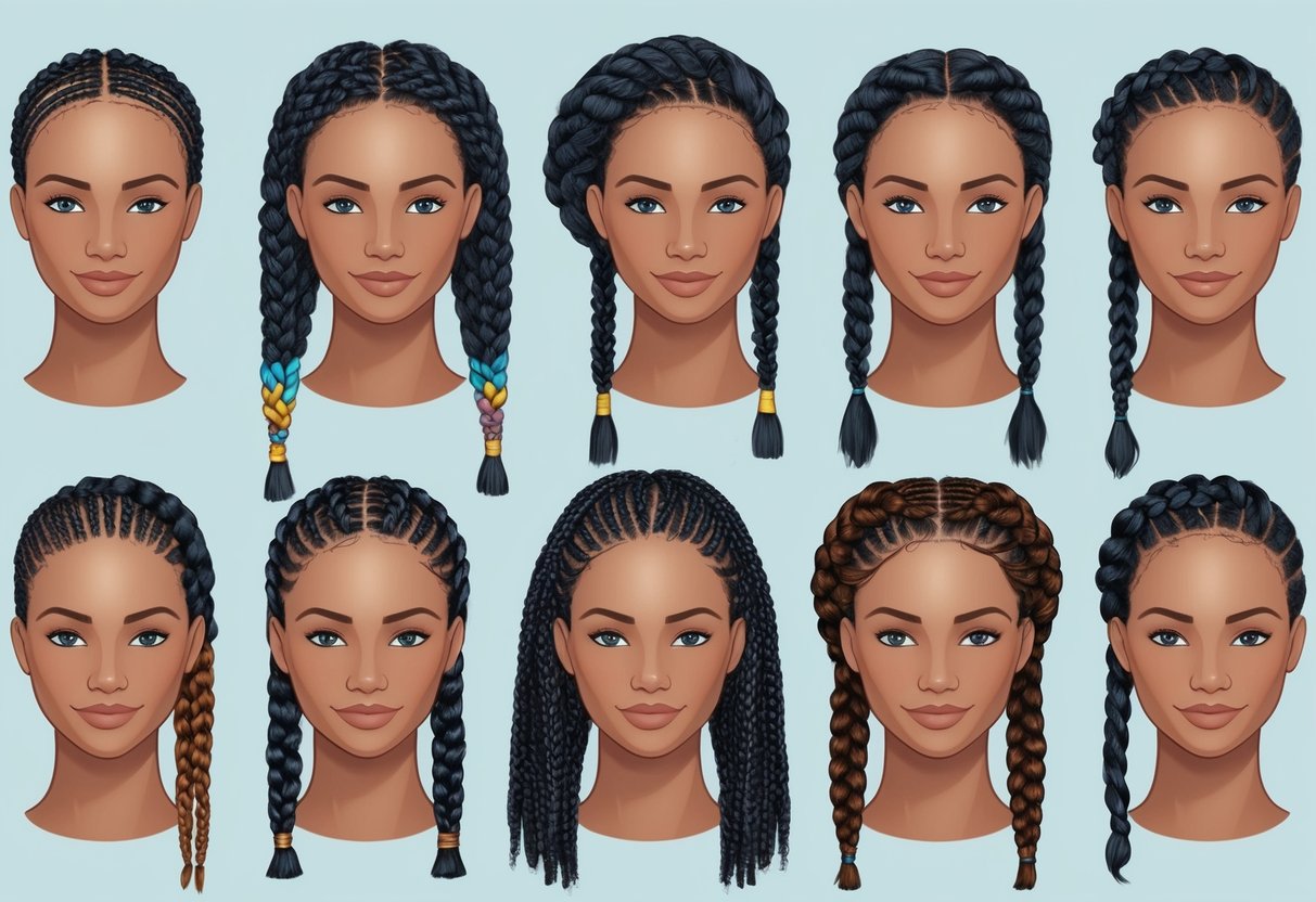 A diverse group of mannequin heads showcasing various protective braid styles, from box braids to cornrows, with different hair textures