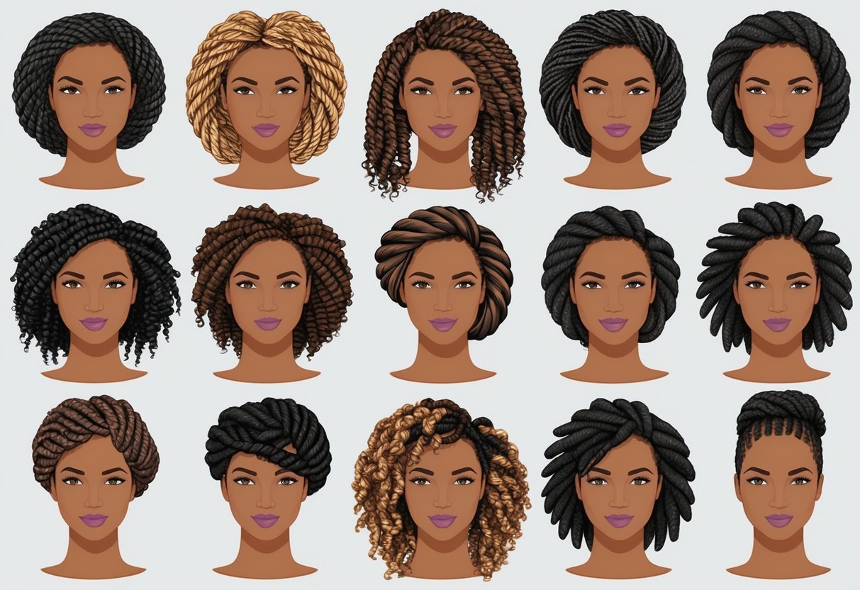 A diverse range of protective braids and twists, from rope twists to twist outs, showcased on mannequin heads with various hair textures