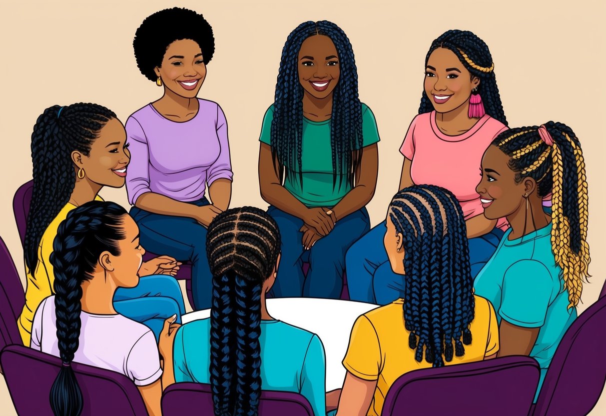 A diverse group of women with different hair types sit in a circle, each with their hair styled in various protective braids. They are smiling and chatting, showcasing the different styles and discussing tips for maintaining and caring for their braids