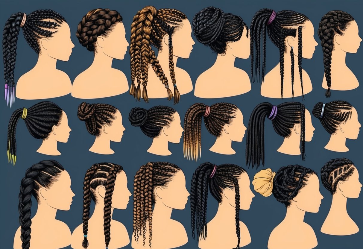 A variety of braided hairstyles, such as cornrows, box braids, and twists, are neatly arranged on a display, showcasing different options for all hair types