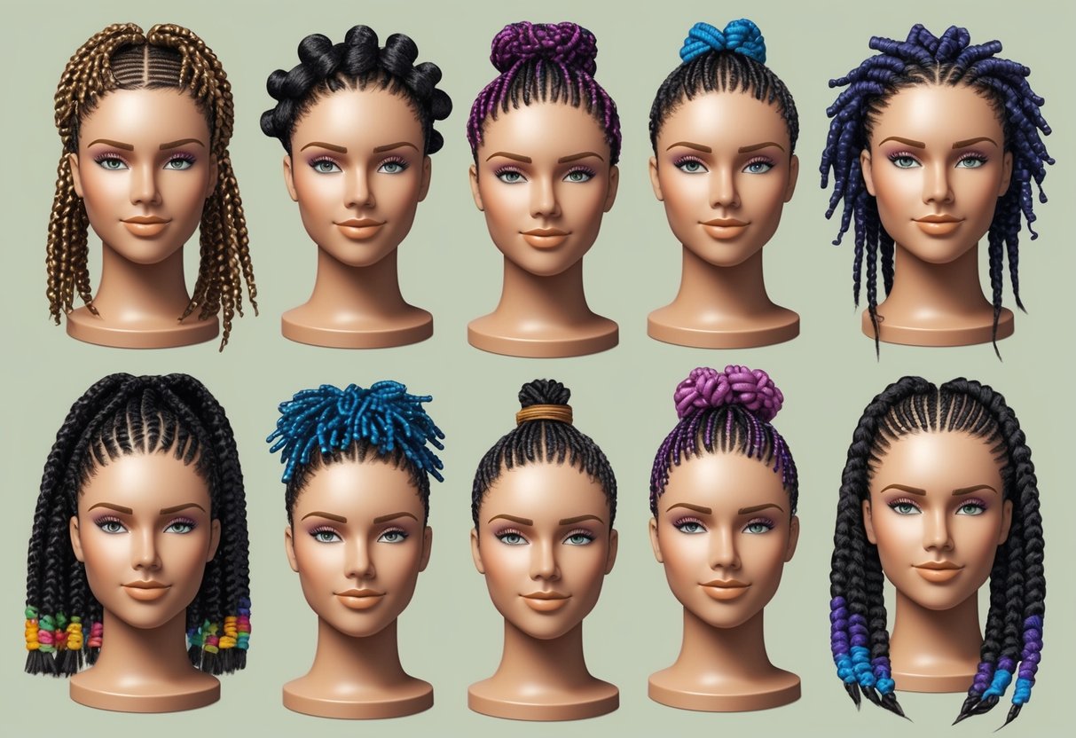 A diverse group of mannequin heads display Bantu Knots, Faux Hawk, and other protective braids in various colors and styles