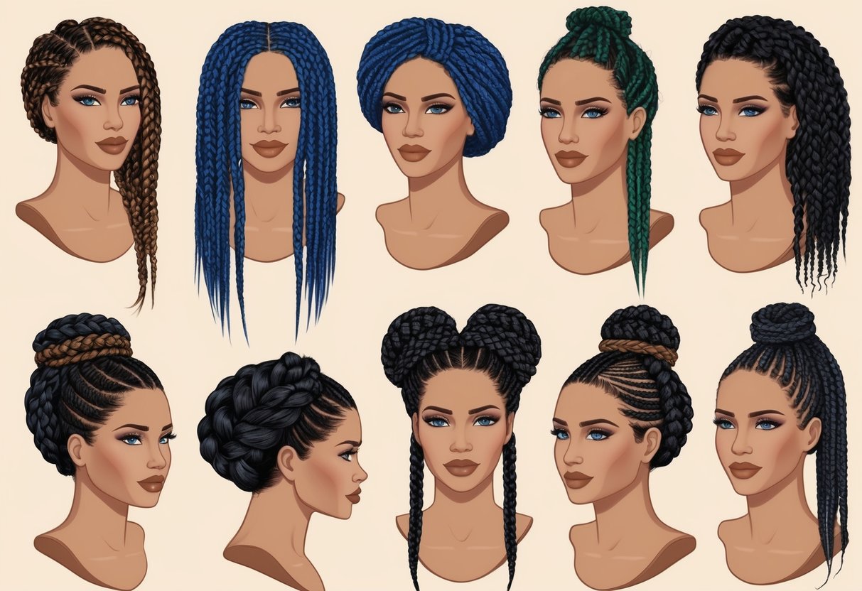A variety of braided hairstyles displayed on mannequin heads, showcasing different protective styles for various hair types