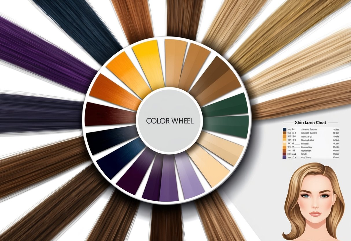 A color wheel surrounded by swatches of various hair colors, with a model's skin tone chart nearby for reference