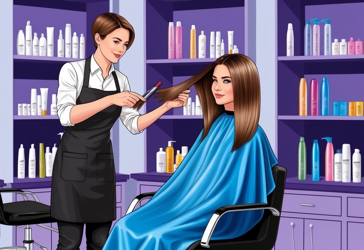 A hairstylist carefully selects hair dye colors while a model sits in a salon chair, surrounded by shelves of hair care products