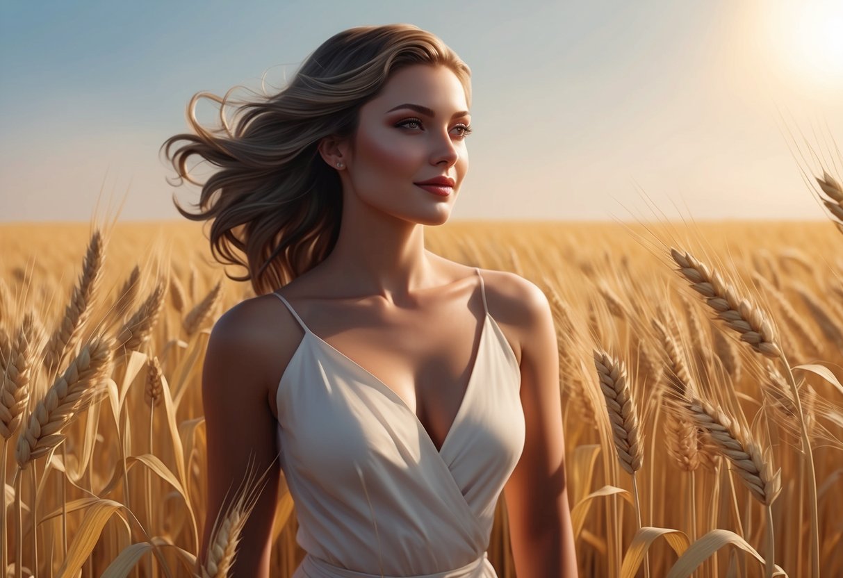 A woman with warm undertones stands in a field of golden wheat, her hair flowing in the breeze, as the sun casts a soft glow on her skin