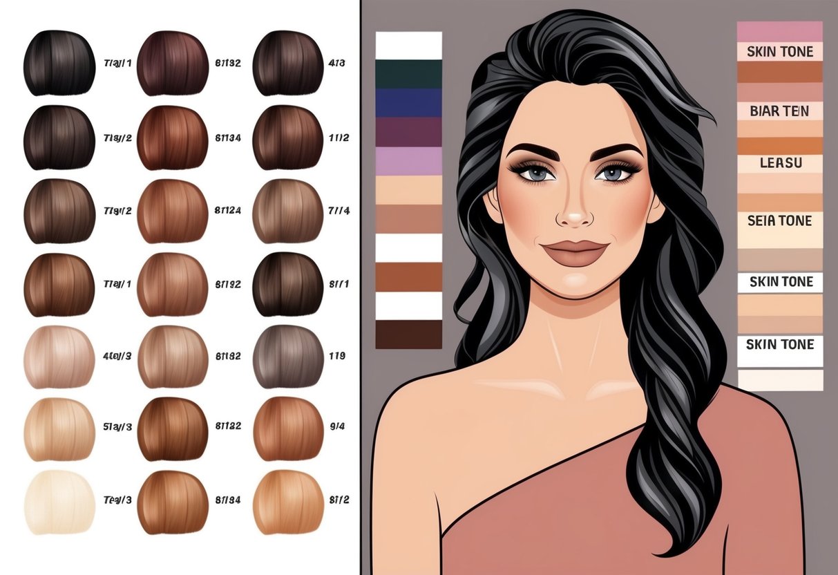 A makeup artist showcasing different hair color swatches next to various skin tone charts