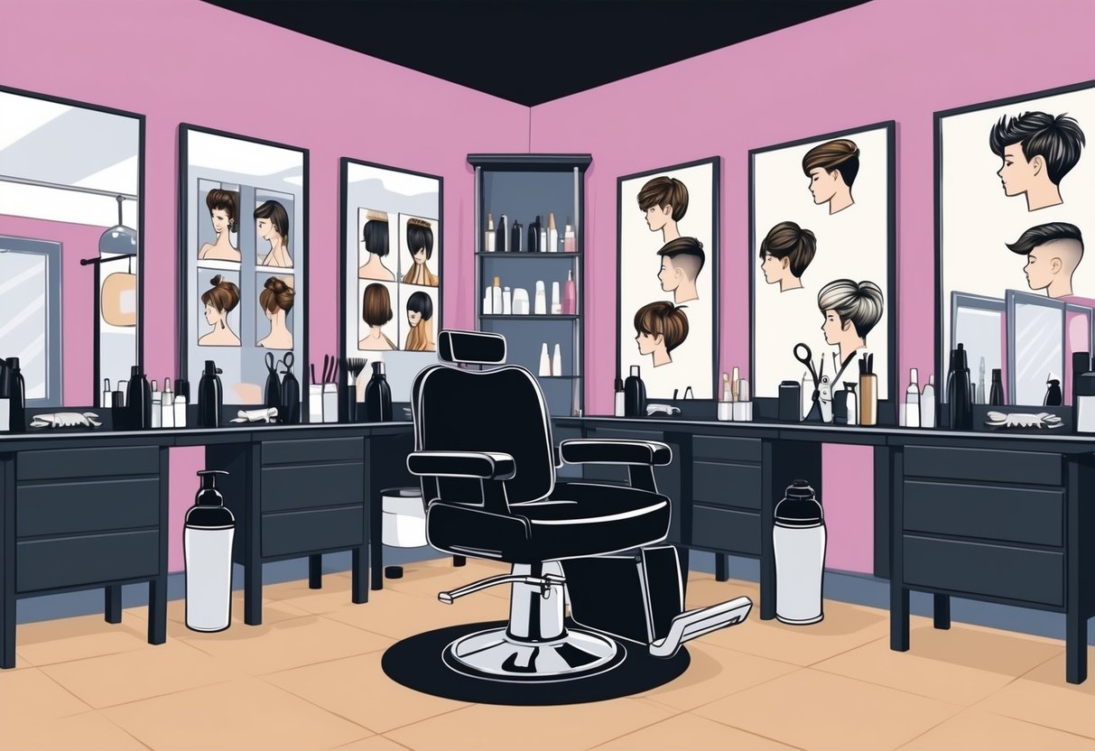 A salon chair surrounded by mirrors, with various trendy haircut ideas displayed on the walls. A stylist's station with scissors, combs, and styling products is nearby