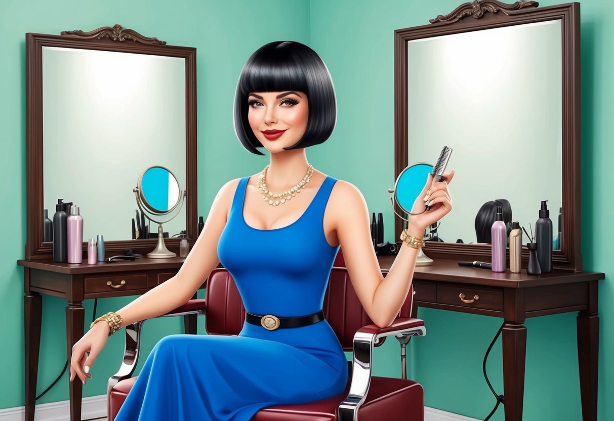 A woman with a classic bob haircut sits confidently in a vintage-inspired salon chair, surrounded by retro hair styling tools and mirrors