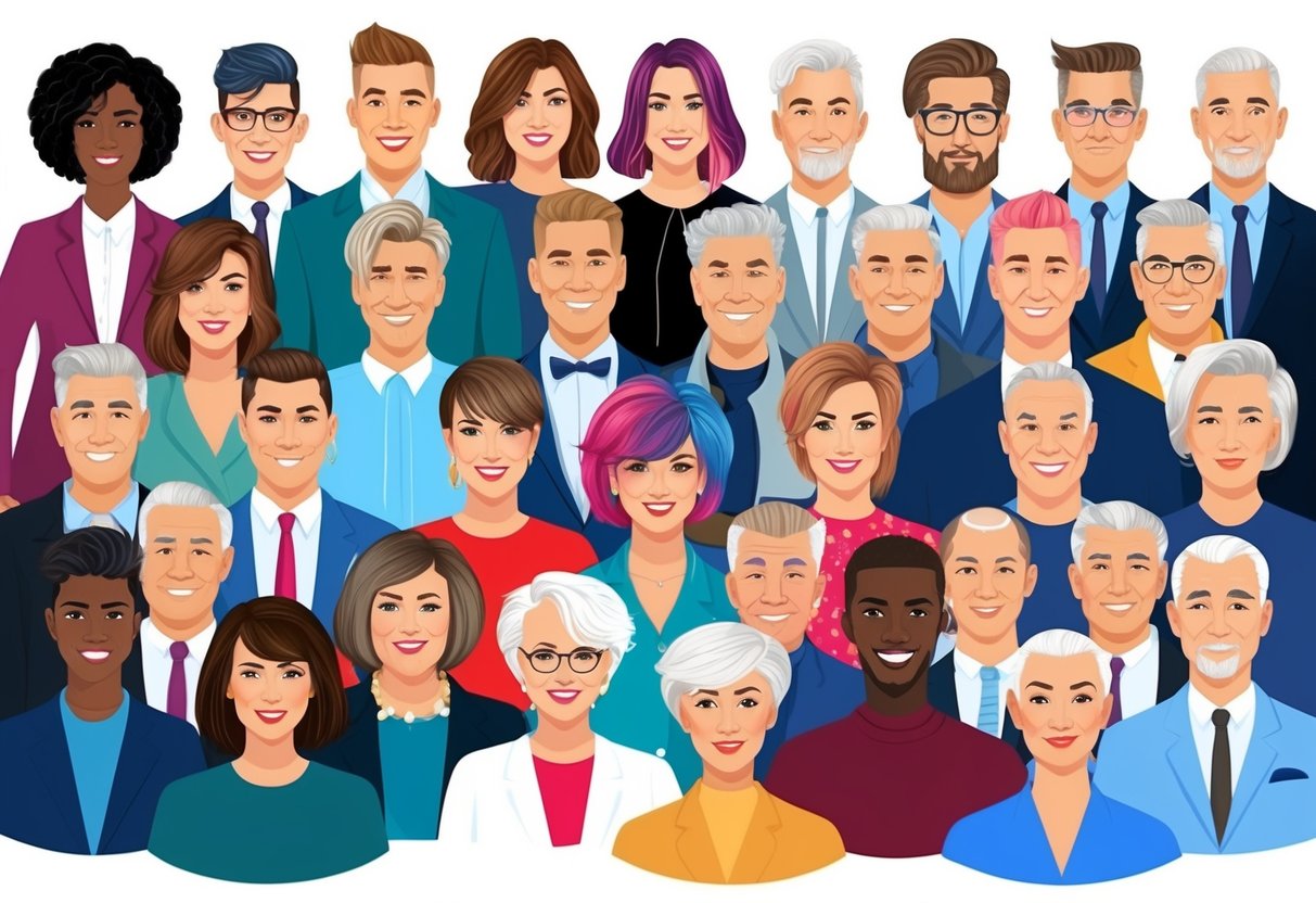 A diverse group of people of different ages with various hairstyles, from young to elderly, showcasing trendy haircut ideas