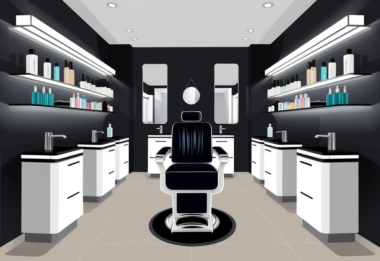 A modern salon with sleek, minimalist decor. Stylish hair products line the shelves. A barber chair sits in the center, ready for a client
