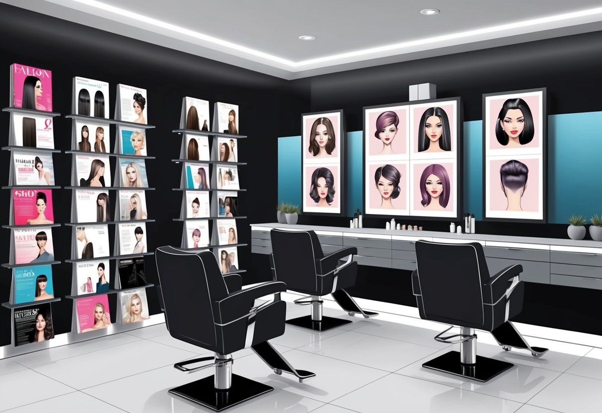 A stylish salon with modern decor, sleek furniture, and a wall of fashion and beauty magazines. Trendy haircut ideas displayed on a digital screen