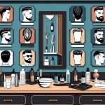 A barber's station with tools and products, showcasing various men's hairstyles on display