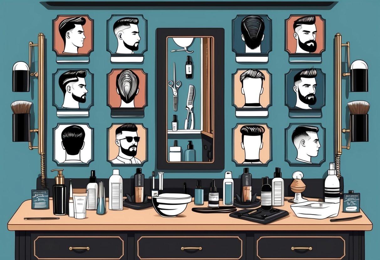 A barber's station with tools and products, showcasing various men's hairstyles on display