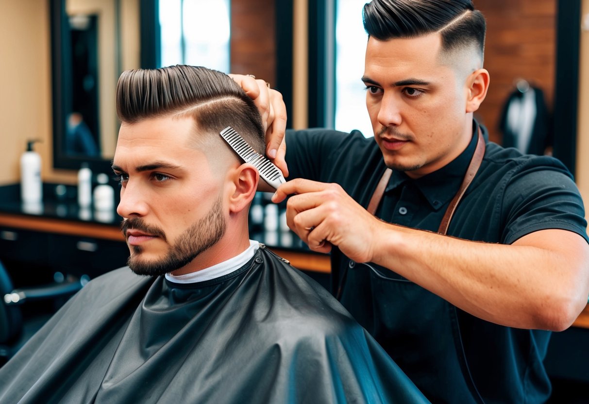 A barber trimming a modern crew cut on a man in a salon chair