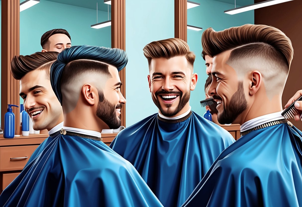 A group of men with modern mullet hairstyles gather at a barbershop, chatting and laughing while getting their hair trimmed