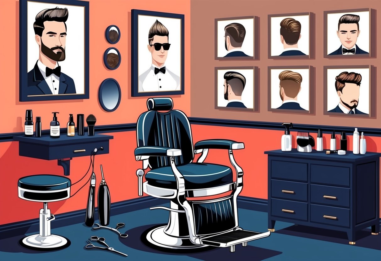 A barber's chair surrounded by various grooming tools and products, with different hairstyles displayed on the wall for inspiration