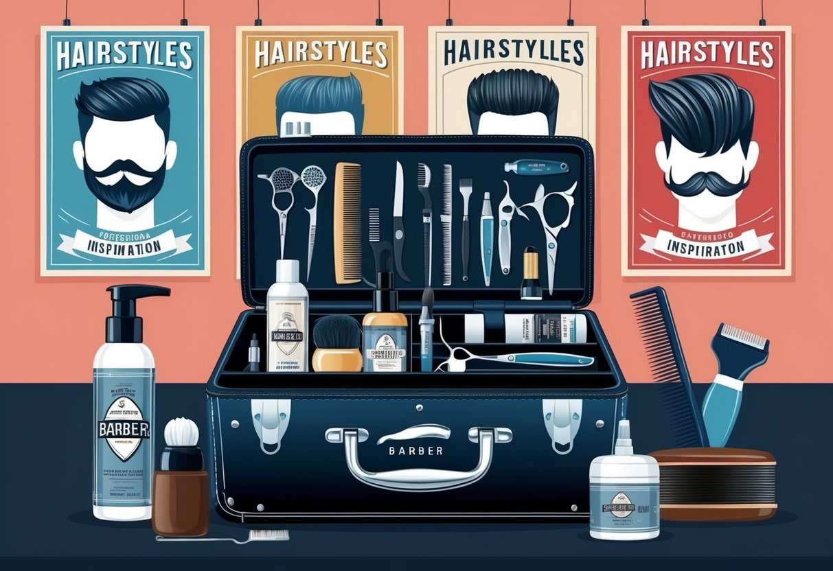 A barber's toolkit with various grooming tools and products displayed, surrounded by different hairstyles on posters for inspiration