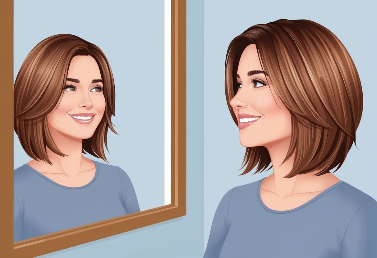 A woman with shoulder-length, layered hair smiles as she looks in the mirror, pleased with her youthful and flattering haircut