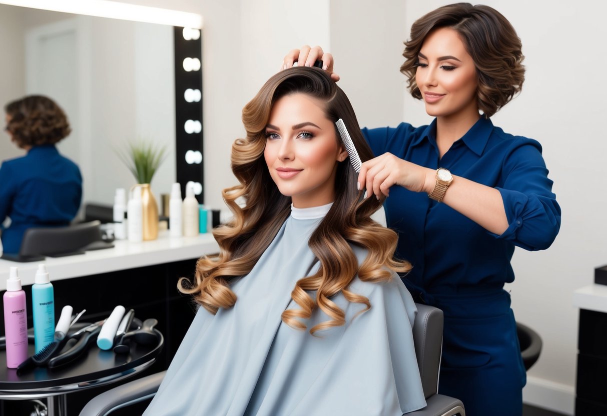 A woman with flowing waves and curls sits in a salon chair, surrounded by hair styling tools and products. A stylist carefully trims and shapes her hair, creating a flattering and youthful look