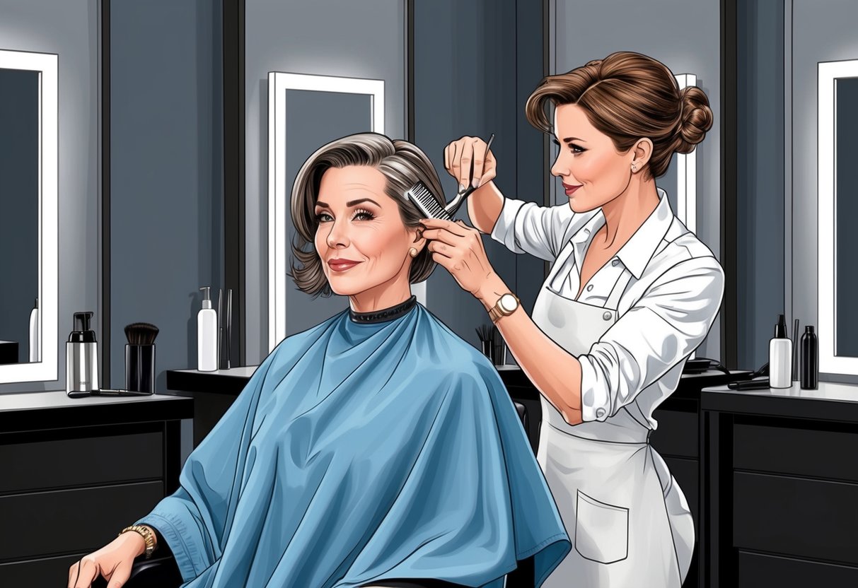 A woman in her 40s sits in a salon chair, surrounded by mirrors and hairstyling tools. The stylist carefully examines her features before expertly trimming her hair into a flattering, age-defying style