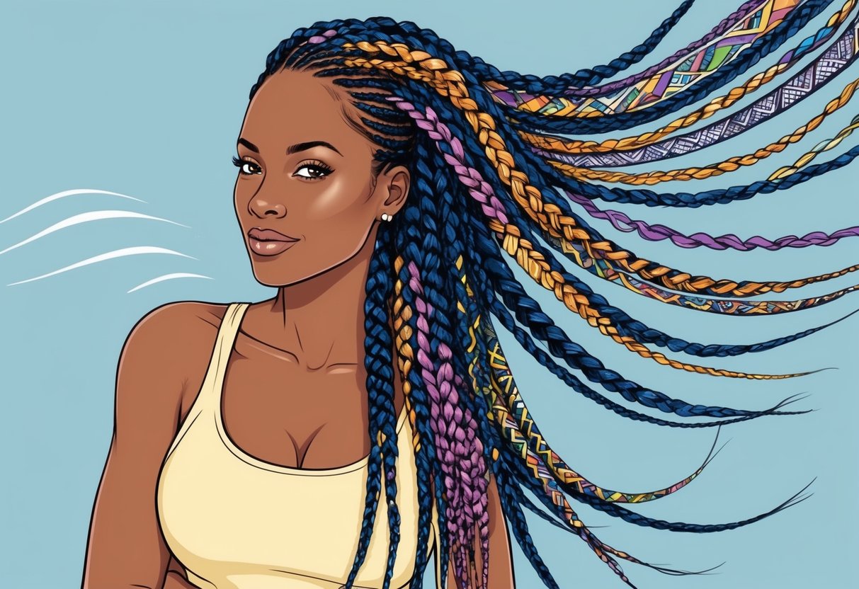A woman with box braids stands confidently, wind blowing through her hair. The braids are neatly styled and showcase a variety of intricate patterns and designs