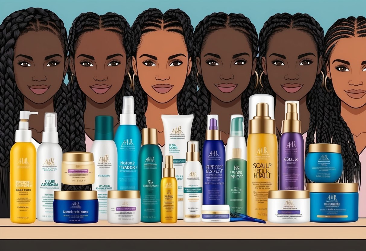 A collection of various hair care products and tools arranged neatly on a shelf, including moisturizing treatments and scalp health products, with a backdrop of stylish box braids for inspiration