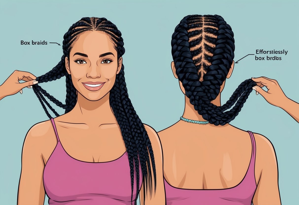 A woman's box braids being effortlessly styled and maintained, showcasing long-lasting and low-maintenance hair ideas for busy lifestyles