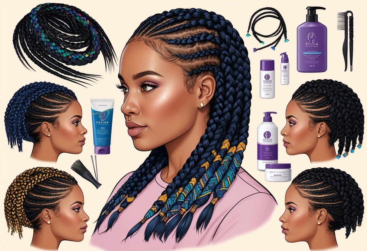 A woman's head adorned with neatly styled box braids, showcasing various intricate patterns and colors, with a background of hair care products and accessories