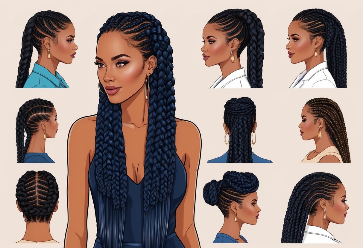 A woman with long, intricate box braids styled in various creative ways for different occasions, showcasing the versatility and easy maintenance of the hairstyle