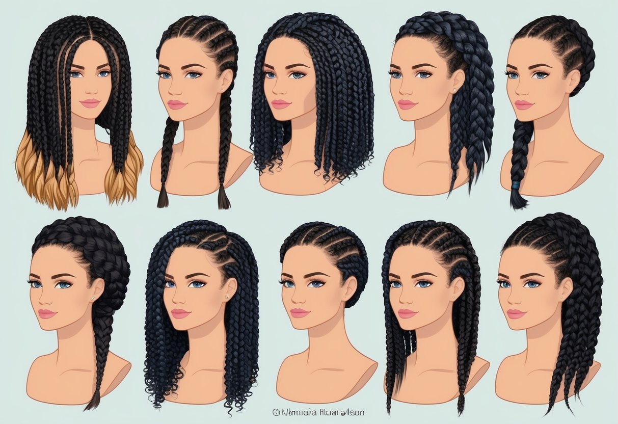 A collection of various box braid hairstyles displayed on a mannequin head, showcasing different styles and lengths for long-lasting and easy maintenance