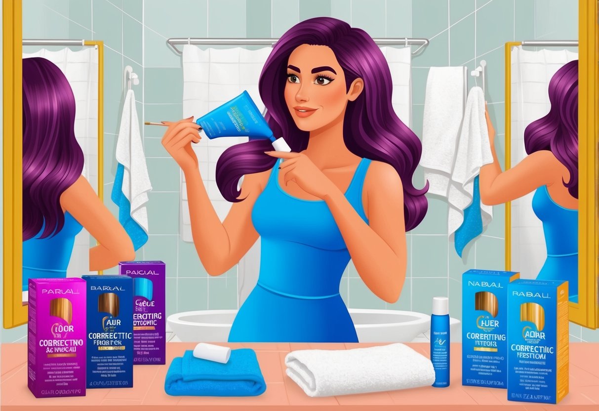 A woman in a bathroom, surrounded by hair dye boxes, mirrors, and a towel. She is applying a color correcting treatment to her hair