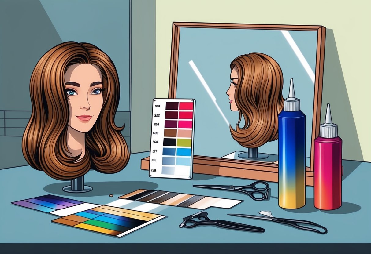 A table with hair dye, color swatches, and various tools for color correction. A mirror reflects the process