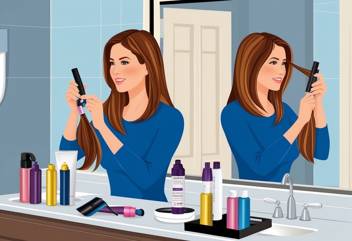 A woman sits at a bathroom counter, surrounded by hair dye supplies. She carefully applies color to her hair, following expert tips for correction