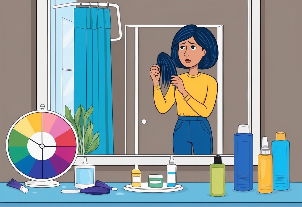A person standing in front of a bathroom mirror, holding hair dye and looking concerned. A color wheel and various hair care products are scattered on the counter