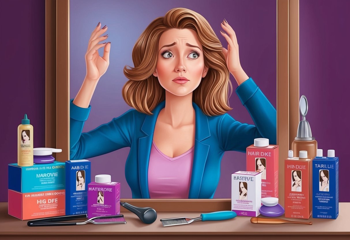 A woman surrounded by hair dye boxes and tools, looking at herself in the mirror with a concerned expression