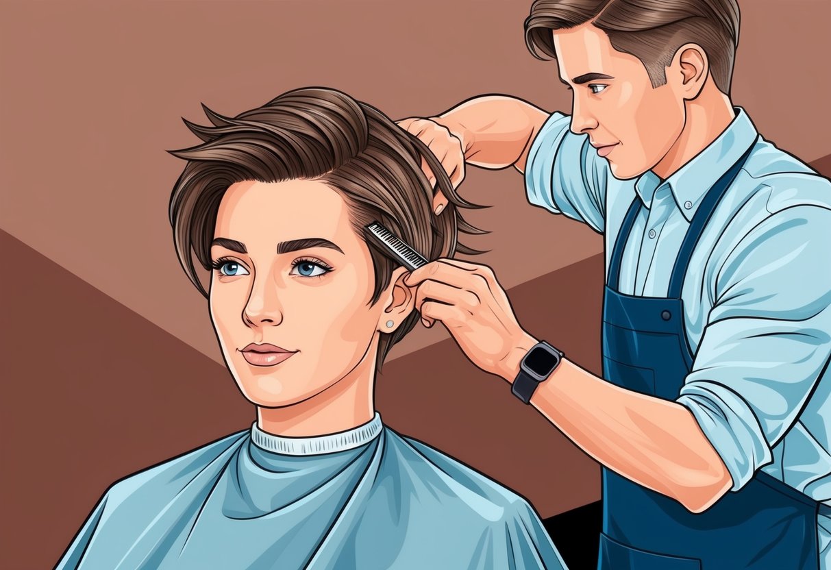 A person with a diamond-shaped face receiving a layered haircut from a stylist. The stylist carefully layers the hair to complement the face shape