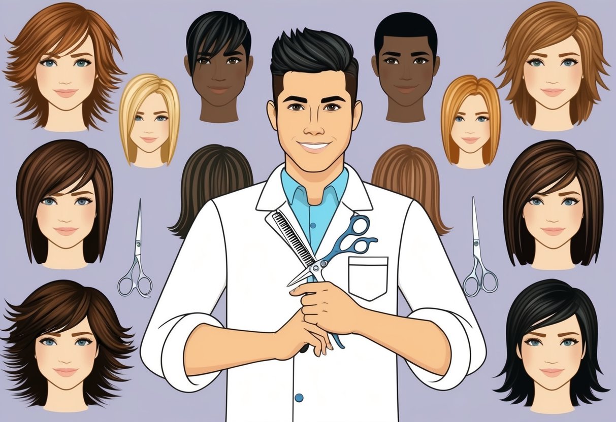 A stylist holding scissors, surrounded by various hair lengths and face shapes for layered haircuts