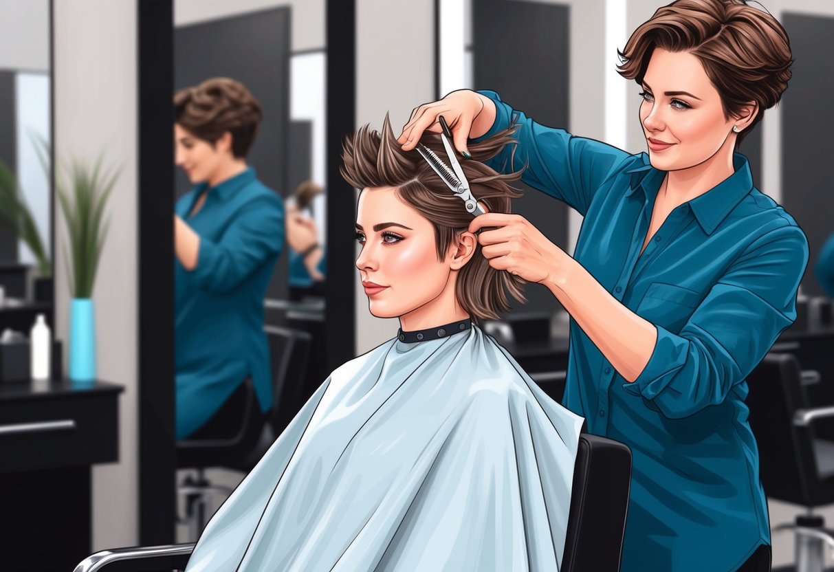 A person sitting in a salon chair, with a hairstylist adding texture and layers to their hair using scissors and styling tools