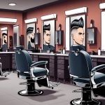 A barber shop with various men's fade haircut styles on display. Mirrors, chairs, and barber tools are visible in the background