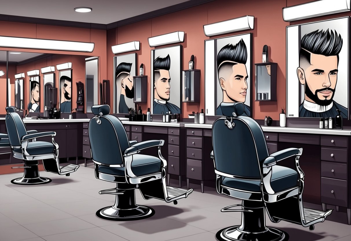 A barber shop with various men's fade haircut styles on display. Mirrors, chairs, and barber tools are visible in the background