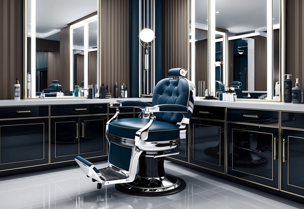 A barber's chair with various tools and products on a sleek, modern counter. Mirrors reflect the stylish decor and classic barber shop ambiance