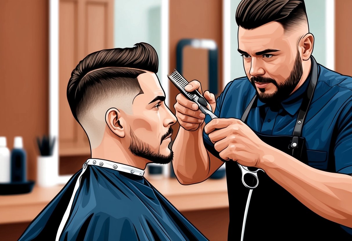 A barber carefully trims and fades a man's hair, using clippers and scissors to create a clean and stylish look