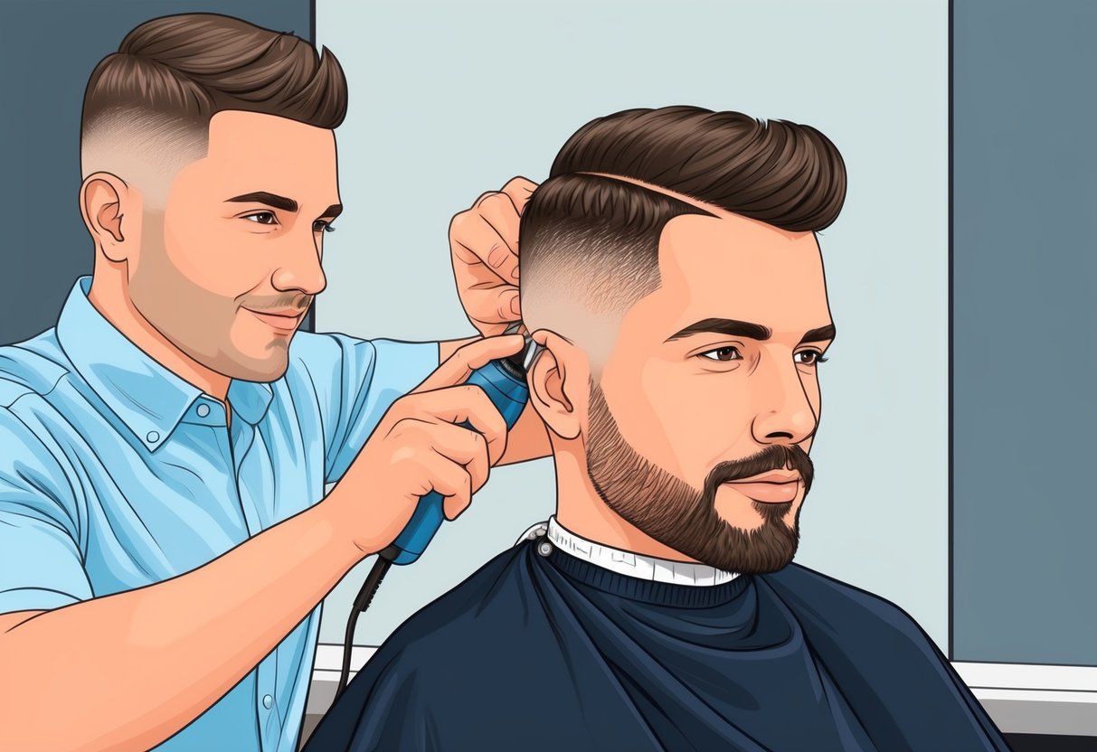 A man sitting in a barber's chair, getting a facial hair fade haircut. The barber is using clippers to create a seamless transition between the hair and the facial hair