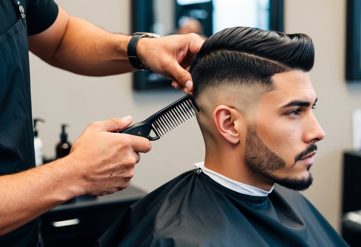 A barber expertly fades a man's hair, using clippers and a comb, creating a seamless transition from short to long
