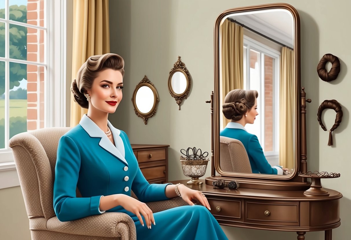 A woman with a classic hairstyle sits in a comfortable chair, surrounded by vintage hair accessories and a mirror reflecting her timeless look