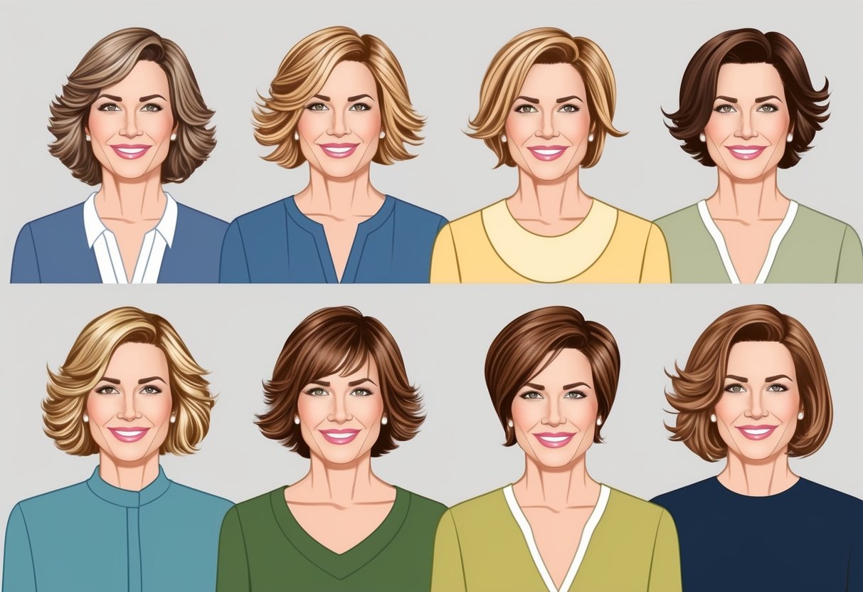A woman of various ages with layered haircuts, styled in timeless and flattering hairstyles, showcasing the ease of maintenance