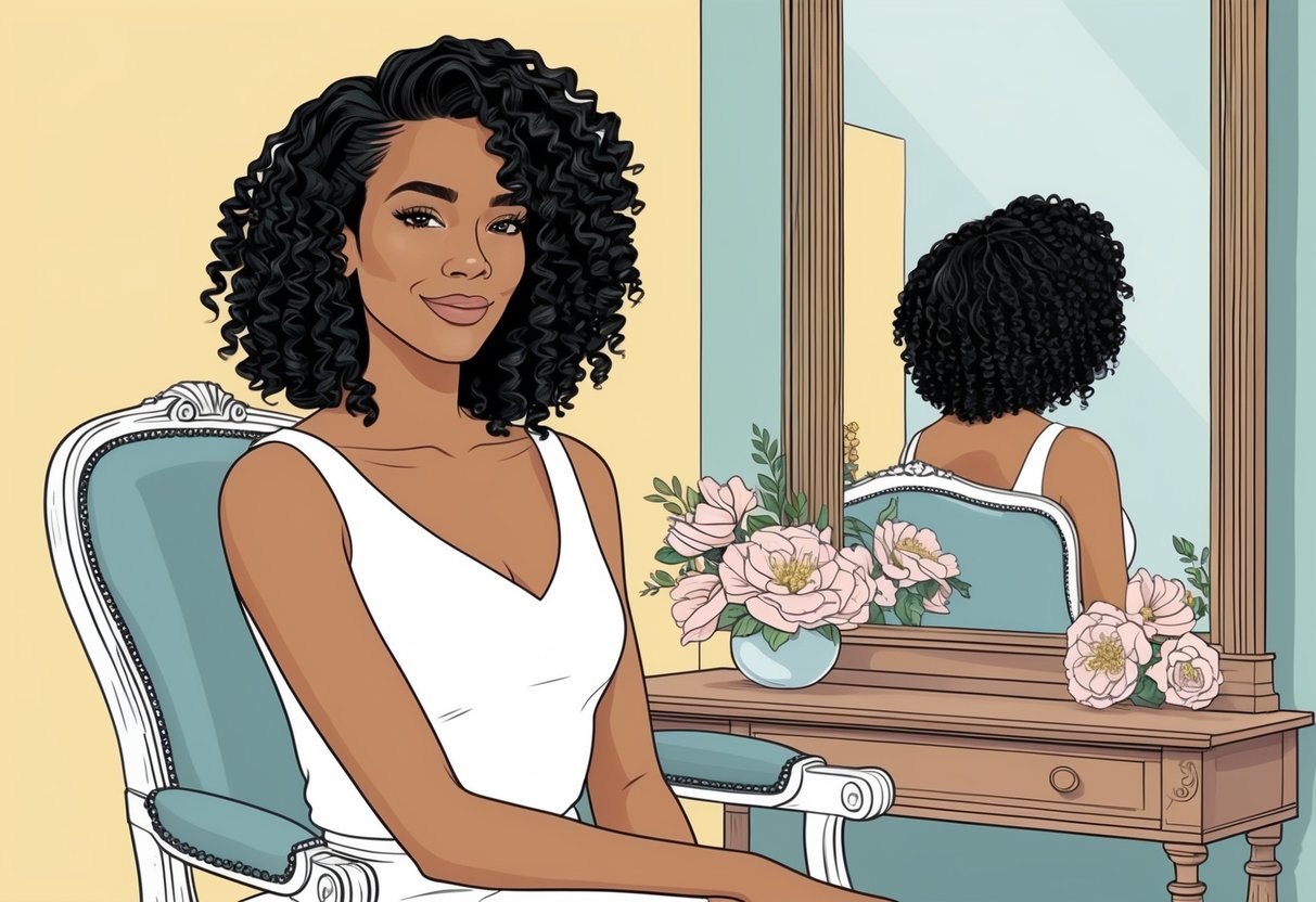 A woman with soft, natural curls sits in a vintage chair, surrounded by flowers and a mirror. Her hair is effortlessly elegant and easy to maintain
