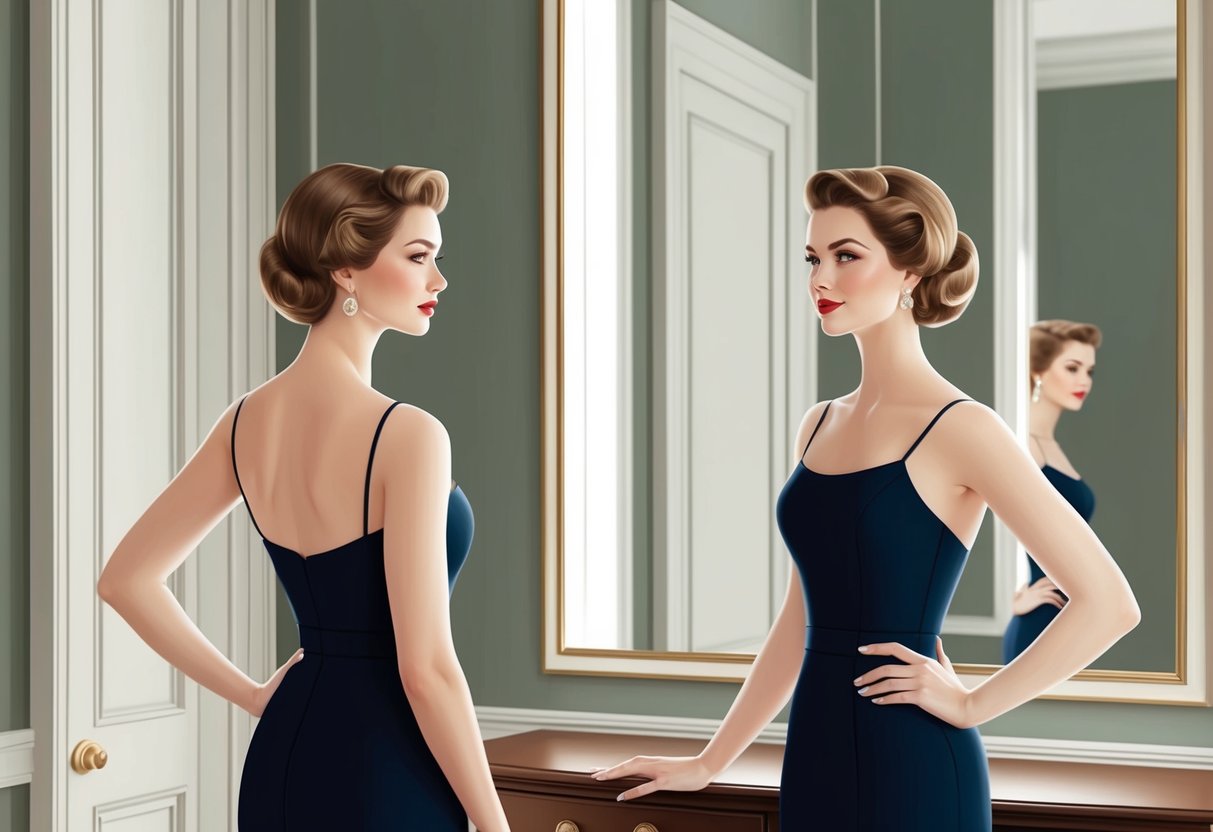 A woman with a classic hairstyle stands confidently in front of a mirror, her reflection showing a timeless and effortlessly elegant look