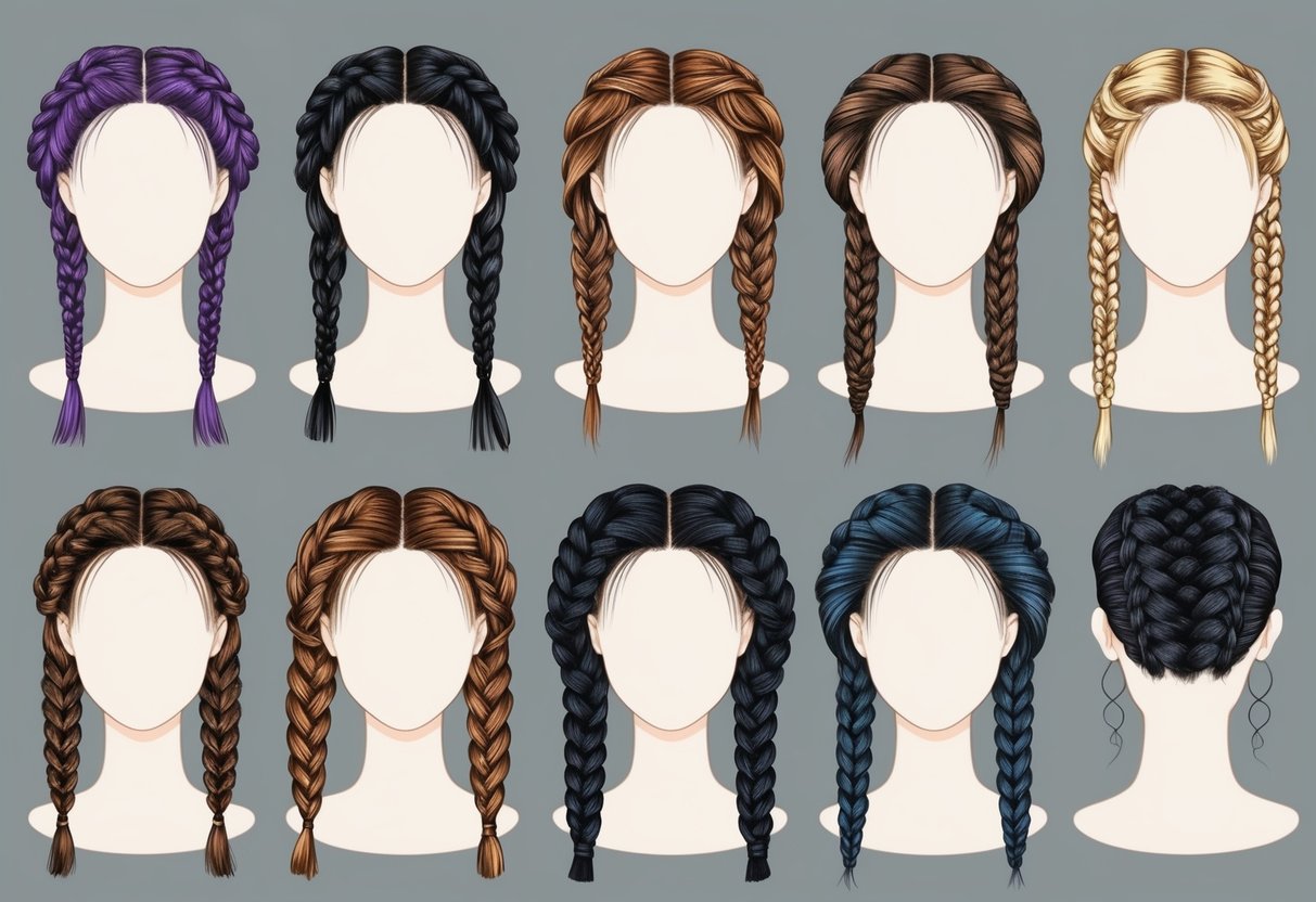 A variety of braided hairstyles displayed on mannequin heads with different hair lengths and textures