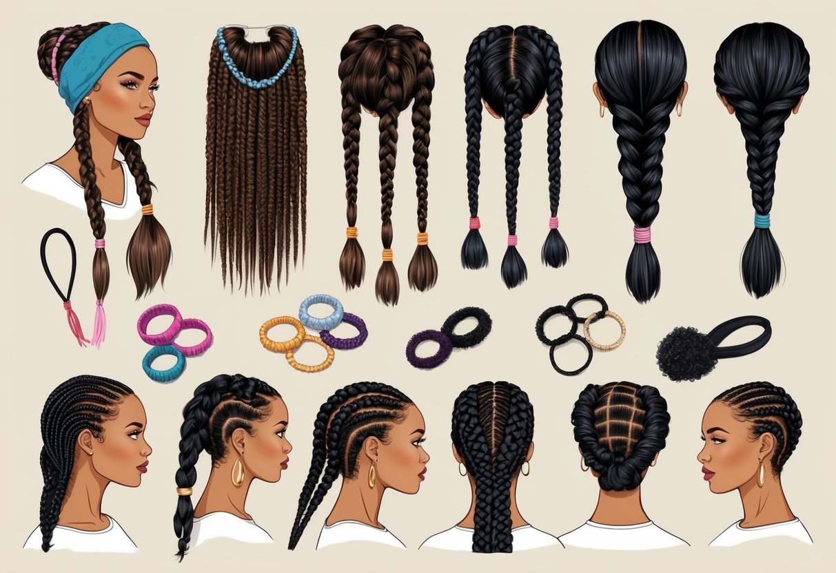 A variety of hair accessories arranged around a collection of feed-in braids in different styles, lengths, and textures